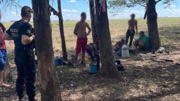 Trabalhadores resgatados e agente da Polícia Federal durante operação em Uruguaiana, no Rio Grande do Sul