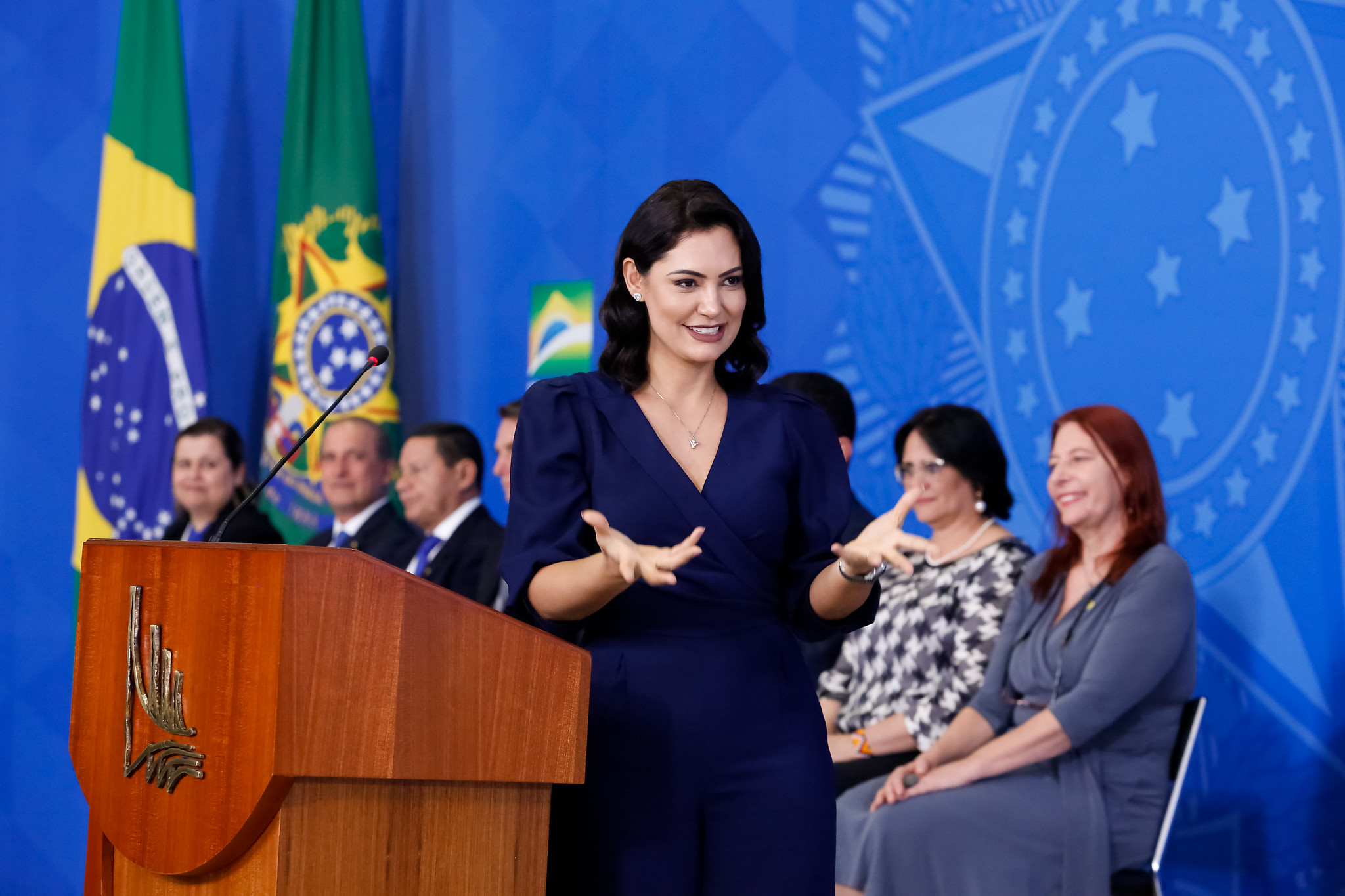 A primeira-dama em solenidade no Palácio do Planalto, em 2019: Michelle Bolsonaro viu intolerância religiosa em sua comemoração por vitória de André Mendonça.