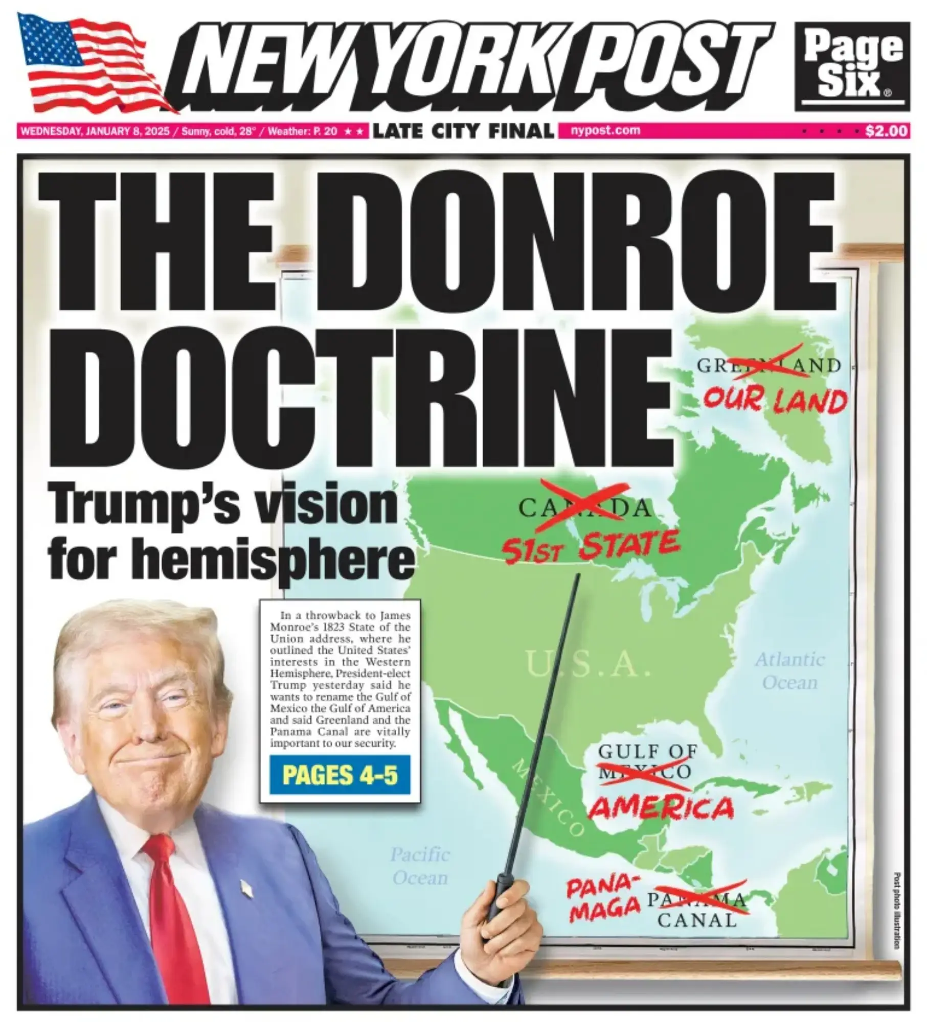 Reprodução da capa do jornal americano New York Post associando Trump à doutrina Monroe