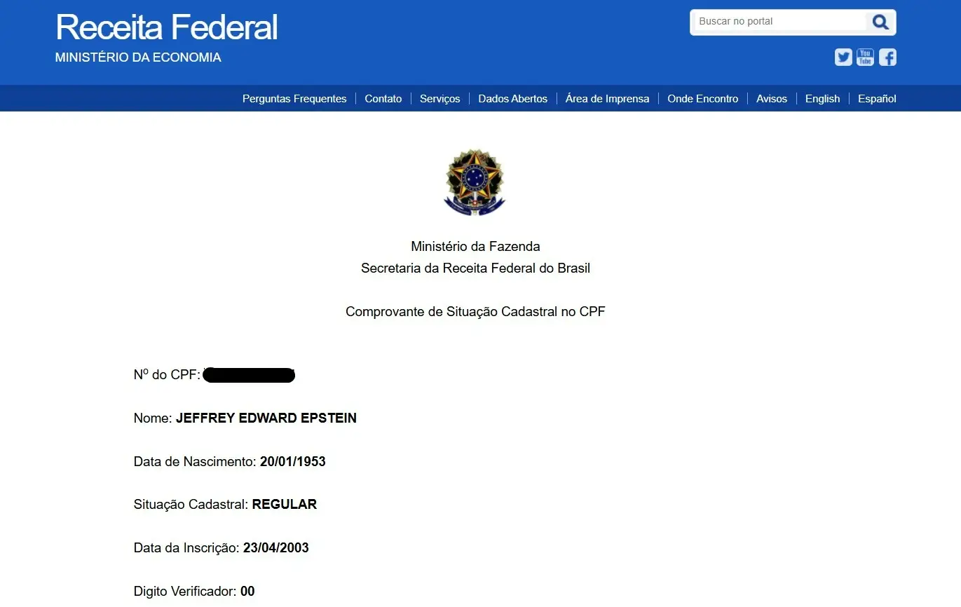 Situação cadastral do CPF de Jeffrey Epstein. Consulta feita em 13 de fevereiro de 2026