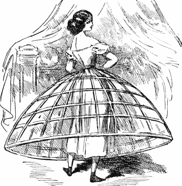 A crinolina, armação usada sob as saias para lhes conferir volume, que restringia movimentos