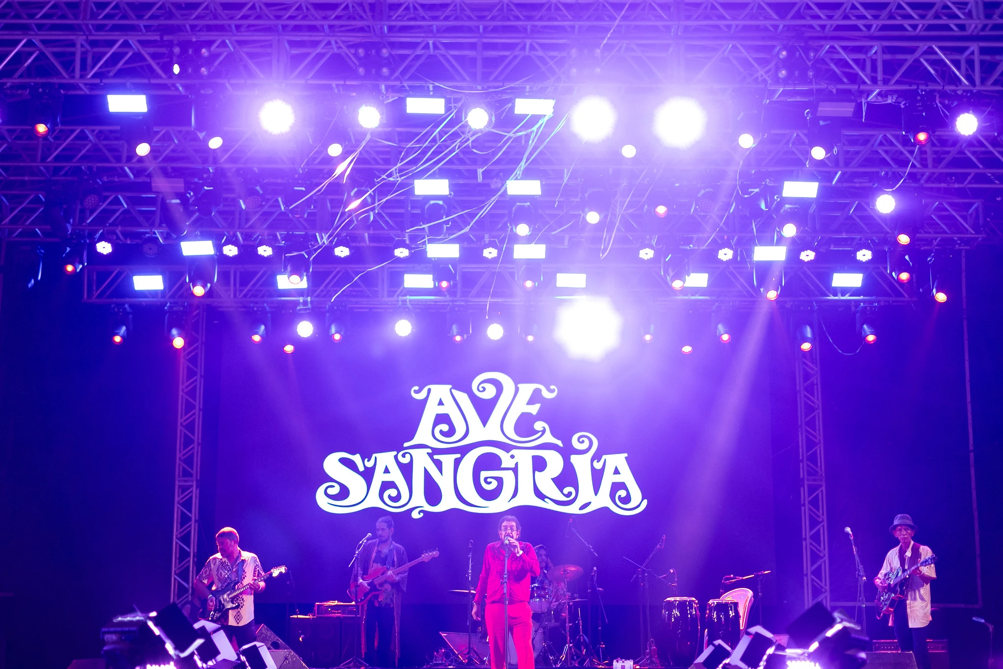 Show da Ave Sangria no Carnaval de Olinda de 2024. Palco com pessoas e iluminadas. Ao fundo, as palavras "Ave Sangria"