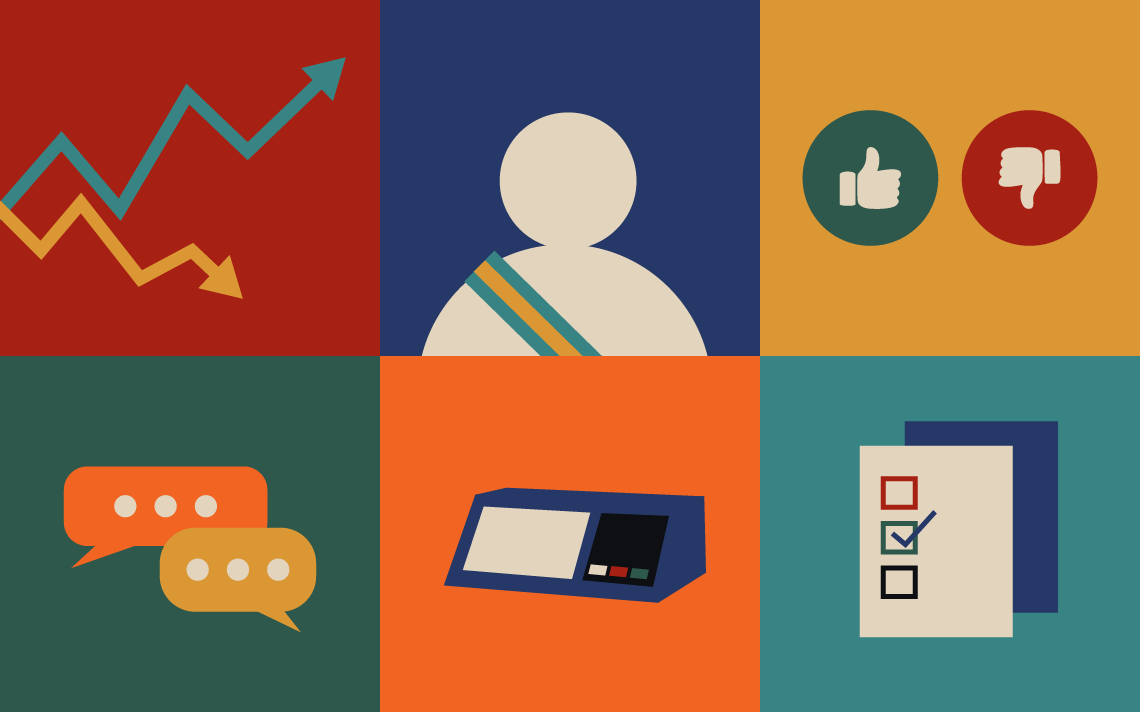 Colagem de seis imagens coloridas, com elementos das eleições