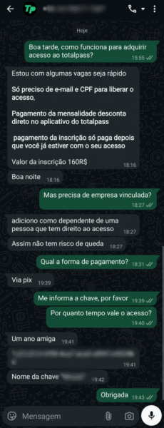 Captura de tela feita em 18.mai.2026 com conta que vende acesso ao TotalPass
