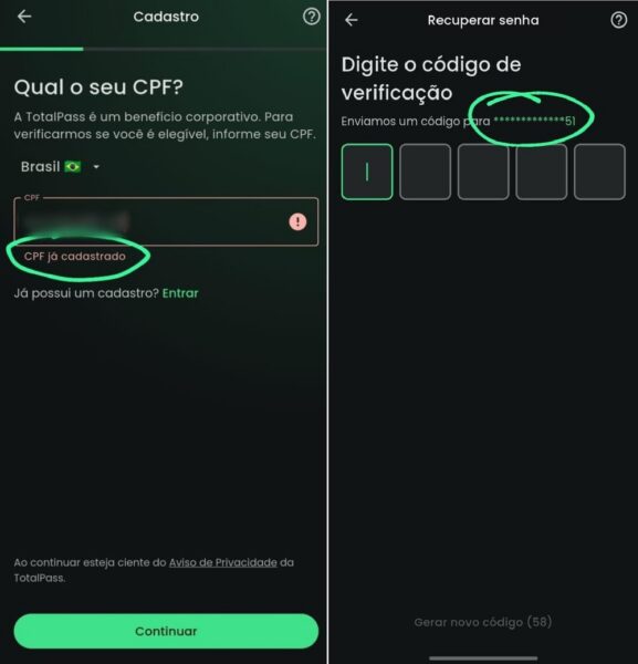Capturas de tela feitas por Rafael Gomes no aplicativo da TotalPass indicando que seu CPF já estava cadastrado sem ele ter feito uma conta antes e a indicação de um número de telefone que não lhe pertence para recuperação de senha