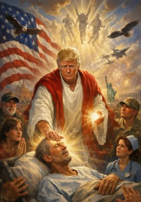 Imagem gerada por IA de Donald Trump com as vestimentas de Jesus Cristo. Um desenho de um homem com roupa branca e capa vermelha. Ele segura a cabeça de um homem em uma maca. Ao fundo, uma bandeira dos Estados Unidos