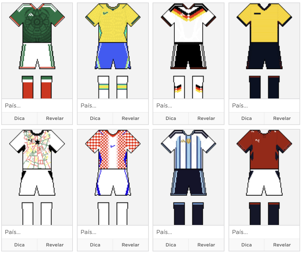 Camisas das seleções, de México, Brasil, Alemanha, entre outros.